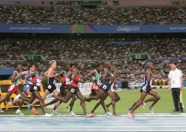 Competitors in the steeplechase at the 2011 IAAF World Athletics Championships in Daegu.